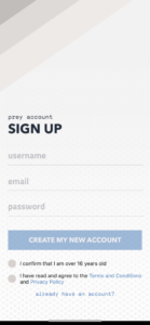 Prey Anti Theftのユーザー名、メールアドレス、パスワードの入力画面
